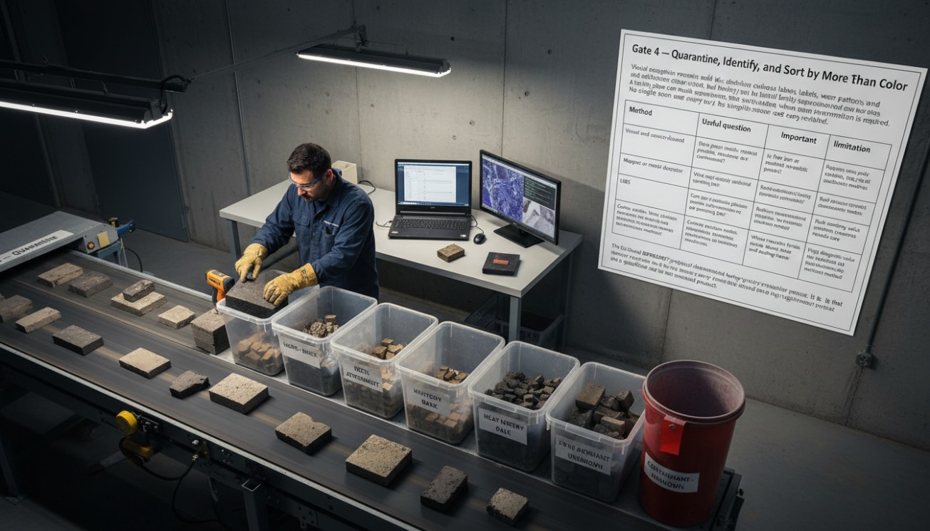 Technician sorting spent refractory samples with handheld analysis before assigning controlled material streams